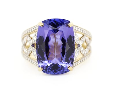 14K YELLOW GOLD, 10.67CT TANZANITE AND DIAMOND, CO...