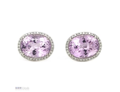 14K WHITE GOLD, KUNZITE AND DIAMOND, HALO STUD EAR...