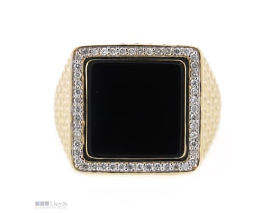14K YELLOW GOLD, BLACK ONYX AND DIAMOND, GENTS RIN...