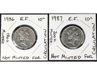 1986-1987 AUSTRALIAN TEN CENT COINS, NOT MINTED FO...