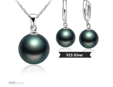 925 SILVER BLACK SHELL PEARL NECKLACE WITH EARRING...