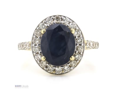 14K YELLOW GOLD, BLUE SAPPHIRE AND DIAMOND, HALO R...