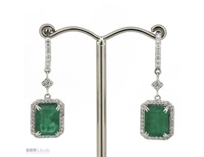 14K WHITE GOLD, EMERALD AND DIAMOND, HALO DROP EAR...
