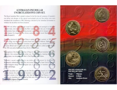 THE AUSTRALIAN ONE DOLLAR FIVE UNCIRCULATED COIN S...