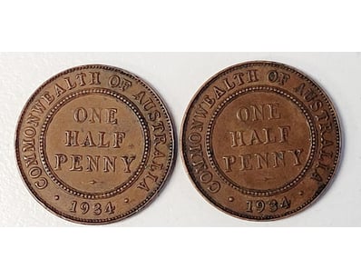 2X 1934 HALF PENNY COINS COMMONWEALTH OF AUSTRALIA...