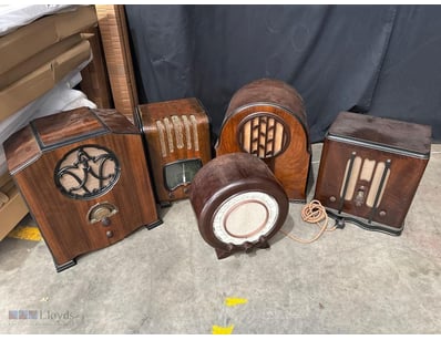 COLLECTION OF FIVE VINTAGE WOODEN RADIO RECEIVERS,...