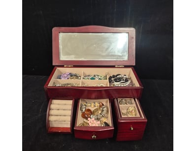 RED WOODEN JEWELRY BOX WITH COLLECTION OF COSTUME ...