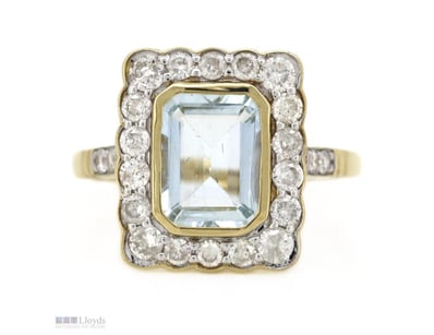 14K YELLOW GOLD, AQUAMARINE AND DIAMOND, HALO RING...