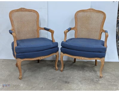 Occasional chairs, decorated timber frame, blue fa...