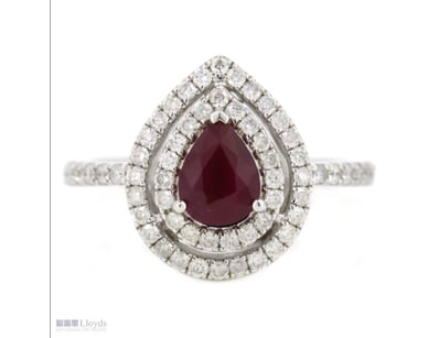 14K WHITE GOLD, RUBY AND DIAMOND, DOUBLE HALO RING...