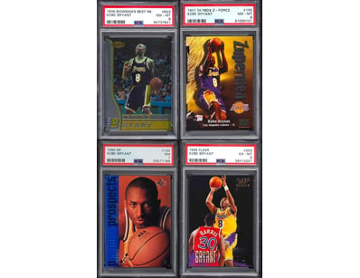 4 X KOBE BRYANT ROOKIE CARDS. FOUR DIFFERENT ICONI...