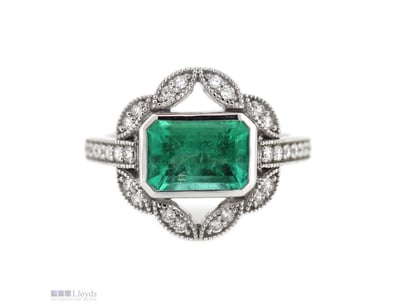 14K WHITE GOLD, COLOMBIAN EMERALD AND DIAMOND, STA...