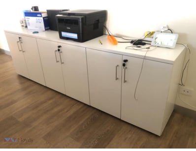 Sliding Door Credenza in white, and Paper Shredder...