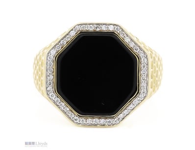 14K YELLOW GOLD, BLACK ONYX AND DIAMOND, GENTS RIN...
