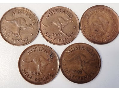 5X 1948 AUSTRALIAN HALF PENNY COINS

488567+15
...