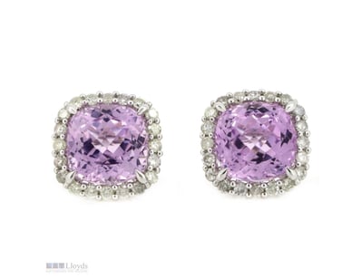 14K WHITE GOLD, KUNZITE AND DIAMOND, HALO STUD EAR...