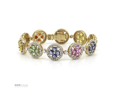 14K YELLOW GOLD, MULTI-COLOURED SAPPHIRE AND DIAMO...