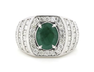 14K WHITE GOLD, EMERALD AND DIAMOND, GENTS RING.  ...