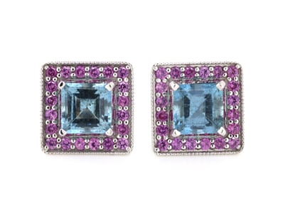 14K WHITE GOLD, AQUAMARINE AND PINK SAPPHIRE, HALO...