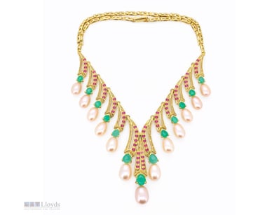 NATURAL EMERALD, RUBY & PEARL NECKLACE ON 925 SILV...