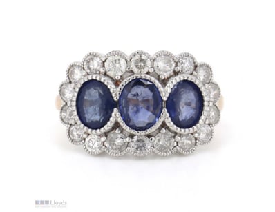 14K ROSE GOLD, BLUE SAPPHIRE AND DIAMOND, HALO TRI...