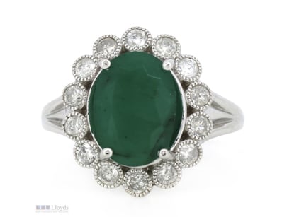 14K WHITE GOLD, EMERALD AND DIAMOND, HALO RING.   ...