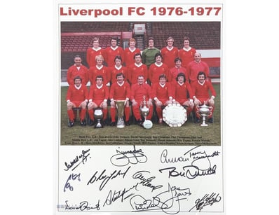 LIVERPOOL FC 1976-1977 TEAM PHOTO WITH TROPHIES HA...