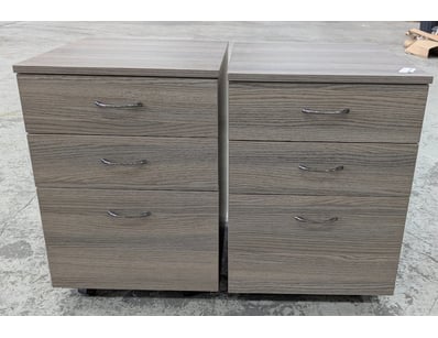 Pair of modern grey wood-grain mobile pedestals an...