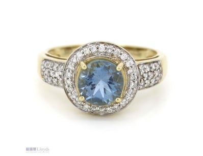 14K YELLOW GOLD, AQUAMARINE AND DIAMOND, HALO RING...