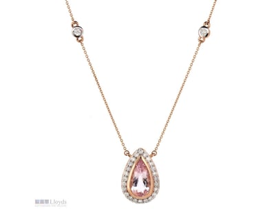 14K ROSE GOLD, MORGANITE AND DIAMOND, HALO NECKLAC...