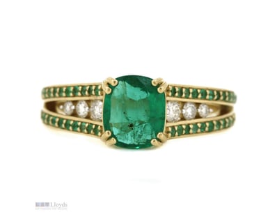 14K YELLOW GOLD, EMERALD AND DIAMOND, DRESS RING. ...