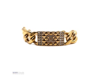 CHANEL CC CRYSTAL TEXTURED CHAIN LINK GOLD TONE BR...