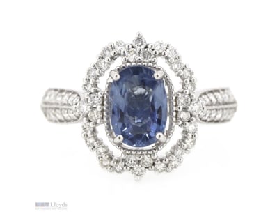 14K WHITE GOLD, 1.43CT BLUE CEYLON SAPPHIRE AND DI...