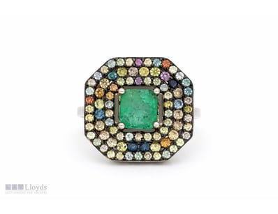 NATURAL EMERALD & SAPPHIRE RING ON 925 SILVER - WI...