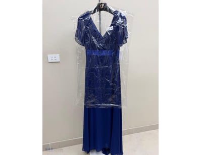 NAVY BLUE PLEATED CHIFFON EVENING GOWN WITH FLUTTE...