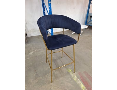 Single Bar Stool, Velvet Style, Blue & Gold Finish...