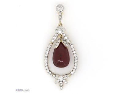 14K YELLOW GOLD, 8.38CT RUBY AND DIAMOND, TEARDROP...