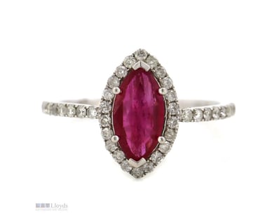 14K WHITE GOLD, RUBY AND DIAMOND, MARQUISE HALO RI...