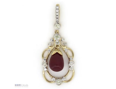14K YELLOW GOLD, RUBY AND DIAMOND, ORNATE DROP PEN...