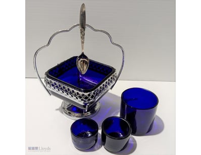 COBALT BLUE & METAL SERVING DISH WITH SPOON & GLAS...