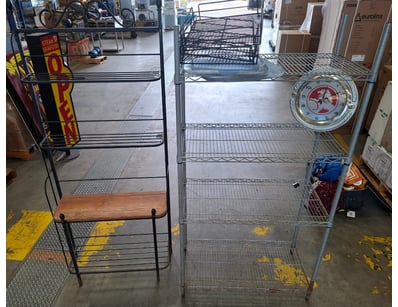 Assorted lot of shelving units with trays and cloc...
