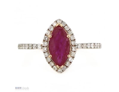 14K ROSE GOLD, RUBY AND DIAMOND, HALO RING.      
...