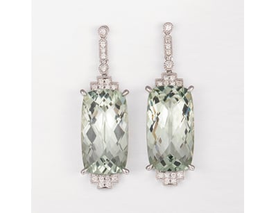 9CT WHITE GOLD GREEN AMETHYST AND DIAMOND DROP EAR...
