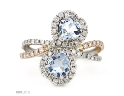 14K WHITE/ROSE GOLD, AQUAMARINE AND DIAMOND, HALO ...