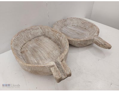Pair of rustic whitewashed wooden serving bowls wi...