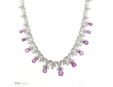 14K WHITE GOLD, PINK SAPPHIRE AND DIAMOND, NECKLAC...