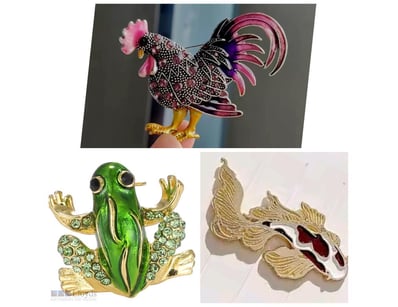 3X ENAMEL AND RHINESTONES ROOSTER FROG AND KOI FIS...
