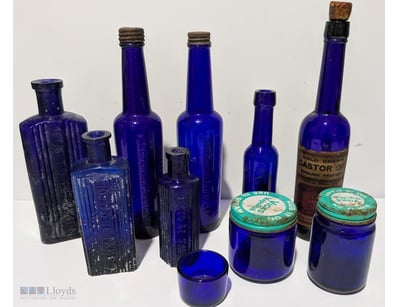 VINTAGE COBALT BLUE BOTTLES & JARS

Includes Poiso...