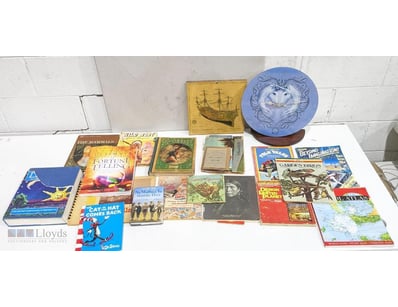 VINTAGE COLLECTION OF BOOKS, DECORATIVE CLOCK, AND...