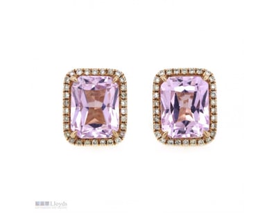 14K ROSE GOLD, KUNZITE AND DIAMOND, HALO STUD EARR...